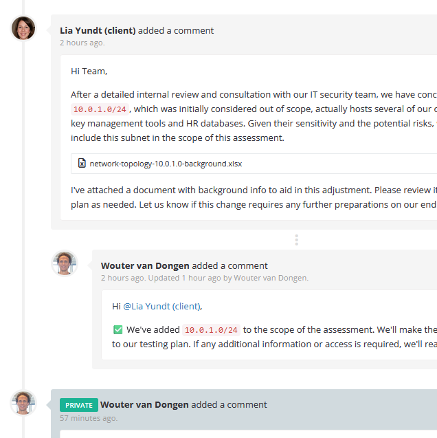 A client supplies network context and an attachment, requests a scope change, and receives a reply from the researcher in Security Reporter.