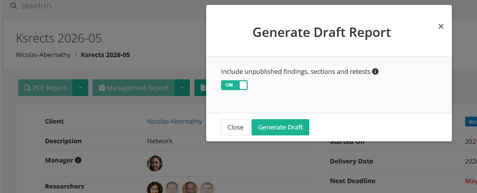 The Generate Draft Report dialog with the Include unpublished findings, sections and retests option