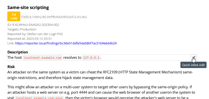 Security Reporter Full report inline edit