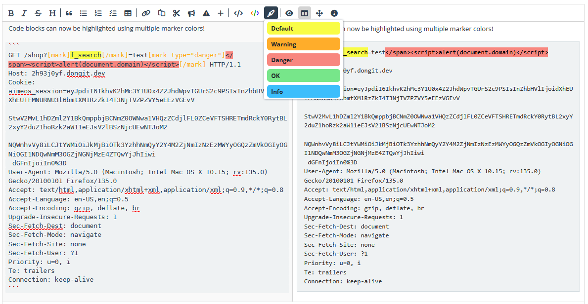 Security Reporter code highlighting in code blocks