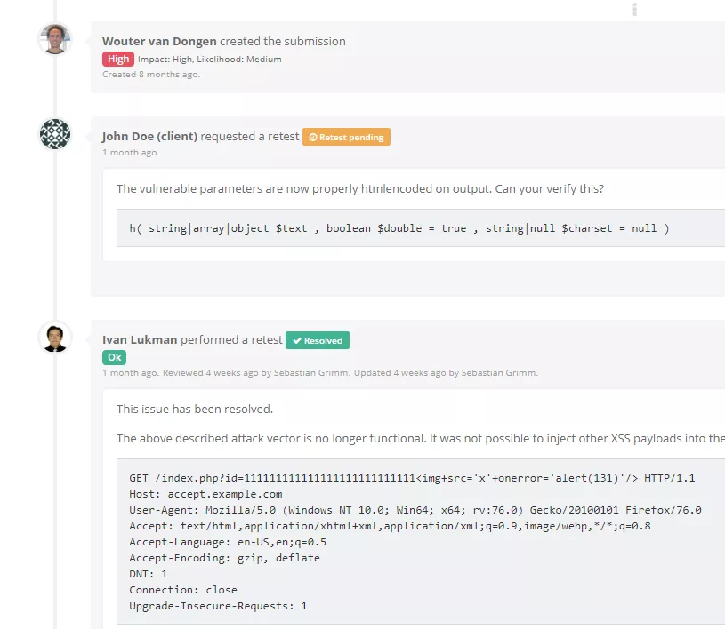 A finding's discussion thread in Security Reporter: the researcher creates the submission, the client requests a retest and describes the fix, and the researcher performs the retest and marks the finding resolved.