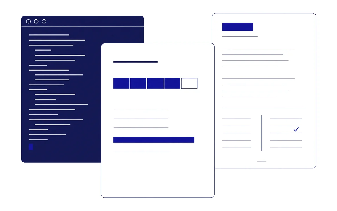 Line illustration: a terminal window with tool output sits behind a structured finding card with a severity meter, which in turn sits in front of a finished report page with a verified item ticked.