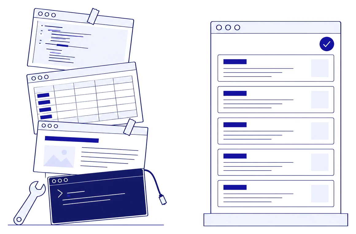 Line illustration of two options. On the left, an in-house toolchain: a script editor, a spreadsheet, a report template and a terminal stacked at uneven angles, held together with tape, with a wrench and a loose cable. On the right, one maintained platform window standing upright on a solid base, its findings neatly aligned and marked with a tick.