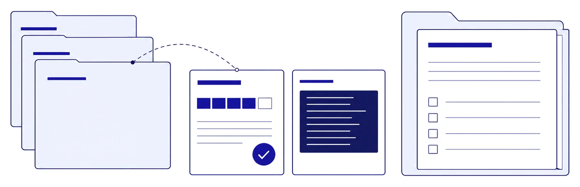 Line illustration: on the left, a stack of earlier assessment folders. In the middle, two cards from that earlier work, linked to it by a dashed line and available as reference: a finding with a severity bar and a verification tick, and an evidence card with tool output. On the right, the open folder of the next assessment, with an empty checklist waiting for new work.