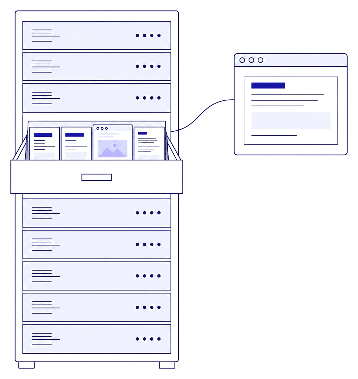 Line illustration: a tall server cabinet with one drawer pulled out, holding finding cards, a screenshot and a report page. A thin line runs from the drawer to a small browser window beside the cabinet, where the client sees the same finding while the files stay in the cabinet.